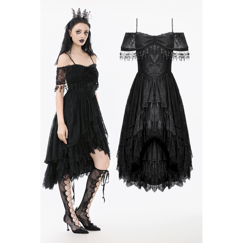 Dark in Love - Gothic Black Lace OffShoulder High low dress - Black